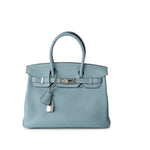 Hermes Handbag Blue Birkin 30 Blue Ciel Clemence Palladium Plated M Square Stamp - Redeluxe