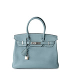 Hermes Handbag Blue Birkin 30 Blue Ciel Clemence Palladium Plated M Square Stamp - Redeluxe