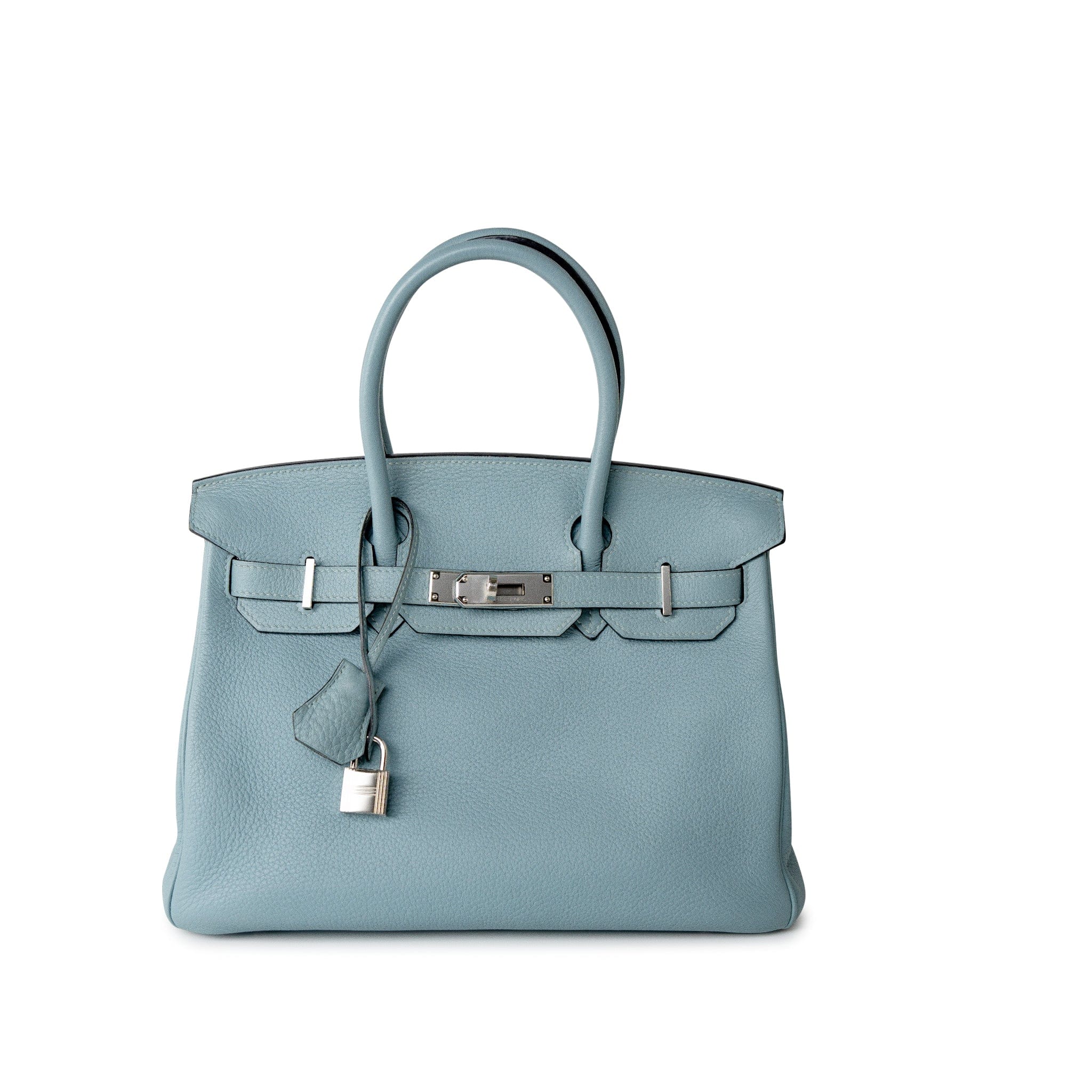 Hermes Handbag Blue Birkin 30 Blue Ciel Clemence Palladium Plated M Square Stamp - Redeluxe