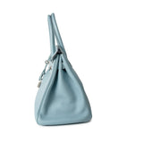 Hermes Handbag Blue Birkin 30 Blue Ciel Clemence Palladium Plated M Square Stamp - Redeluxe