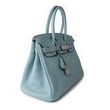 Hermes Handbag Blue Birkin 30 Blue Ciel Clemence Palladium Plated M Square Stamp - Redeluxe