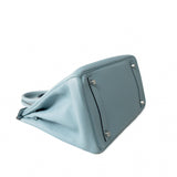 Hermes Handbag Blue Birkin 30 Blue Ciel Clemence Palladium Plated M Square Stamp - Redeluxe