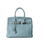 Hermes Handbag Blue Birkin 30 Blue Ciel Clemence Palladium Plated M Square Stamp - Redeluxe