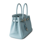Hermes Handbag Blue Birkin 30 Blue Ciel Clemence Palladium Plated M Square Stamp - Redeluxe