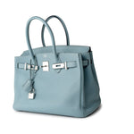 Hermes Handbag Blue Birkin 30 Blue Ciel Clemence Palladium Plated M Square Stamp - Redeluxe