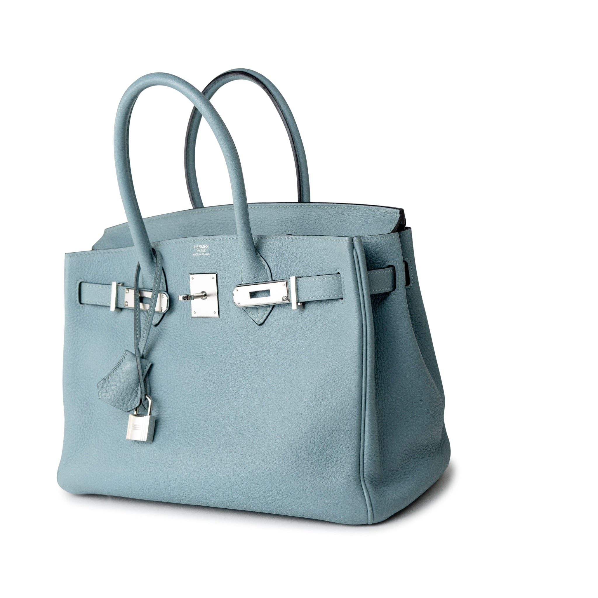 Hermes Handbag Blue Birkin 30 Blue Ciel Clemence Palladium Plated M Square Stamp - Redeluxe
