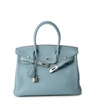 Hermes Handbag Blue Birkin 30 Blue Ciel Clemence Palladium Plated M Square Stamp - Redeluxe