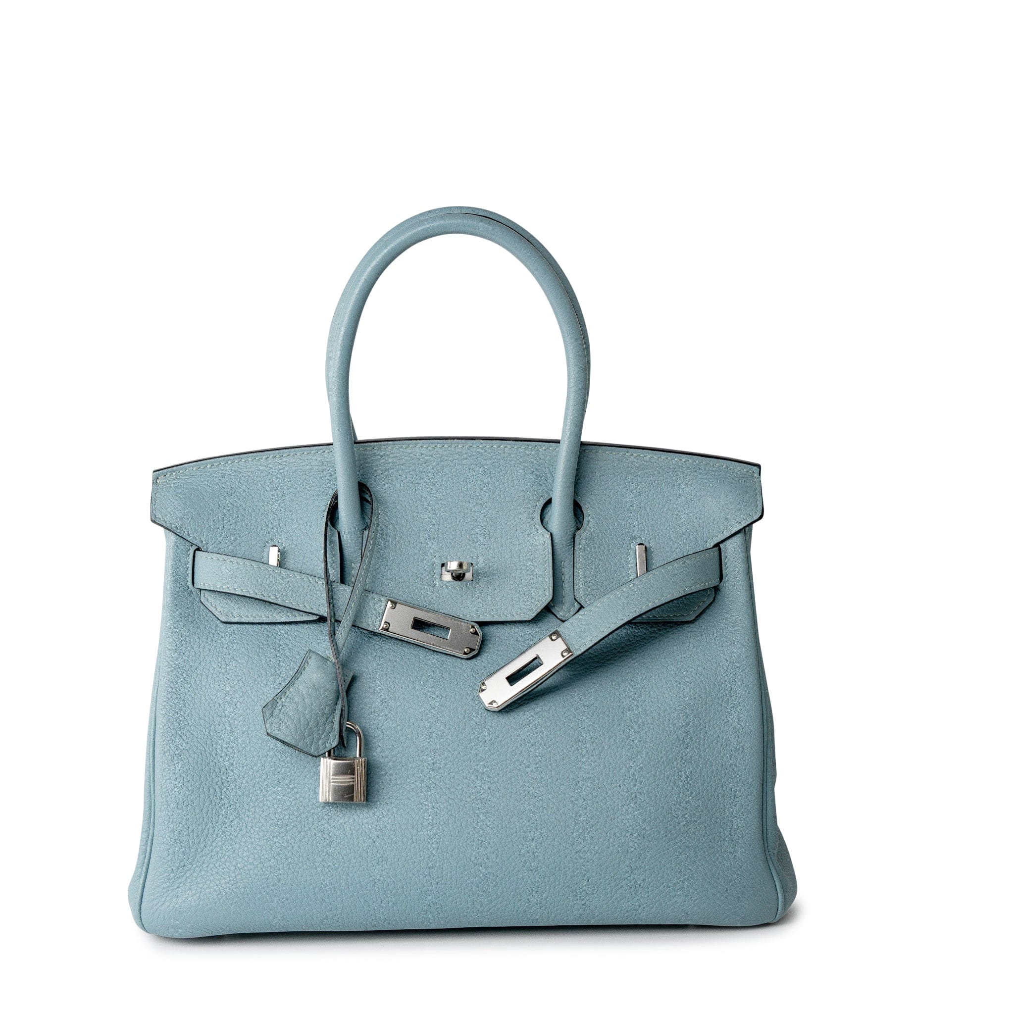 Hermes Handbag Blue Birkin 30 Blue Ciel Clemence Palladium Plated M Square Stamp - Redeluxe