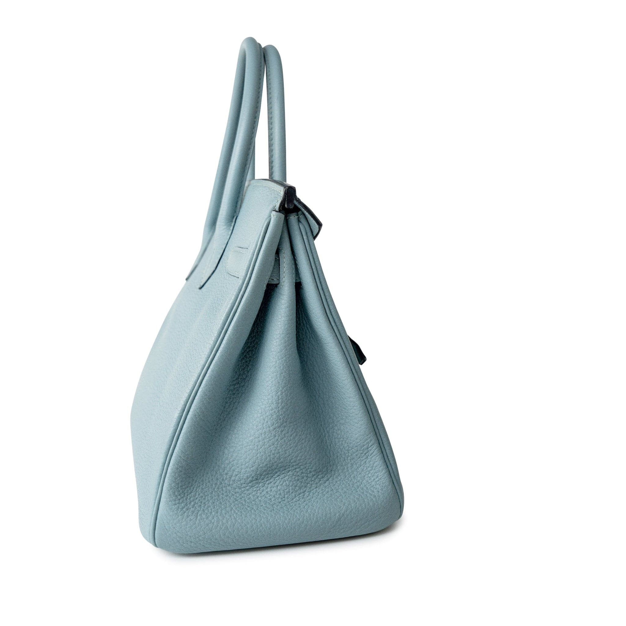 Hermes Handbag Blue Birkin 30 Blue Ciel Clemence Palladium Plated M Square Stamp - Redeluxe