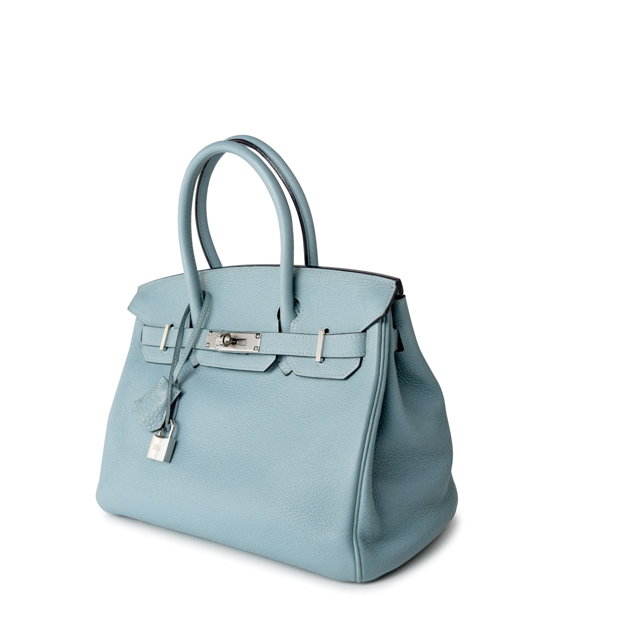 Hermes Handbag Blue Birkin 30 Blue Ciel Clemence Palladium Plated M Square Stamp - Redeluxe
