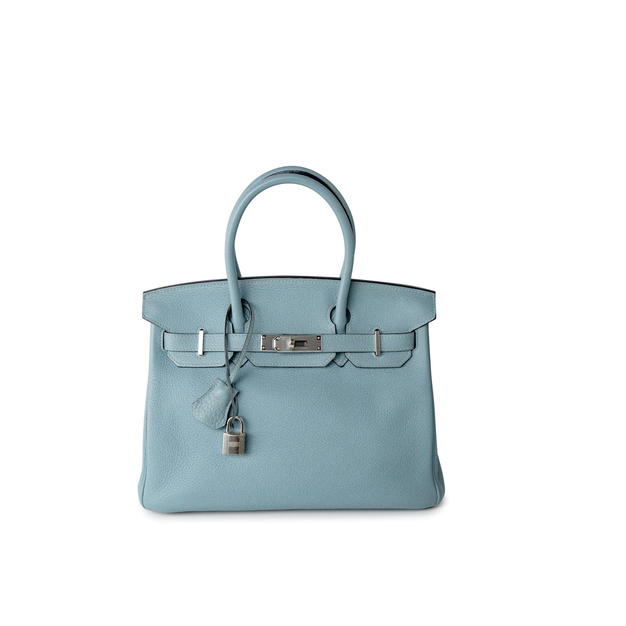 Hermes Handbag Blue Birkin 30 Blue Ciel Clemence Palladium Plated M Square Stamp - Redeluxe