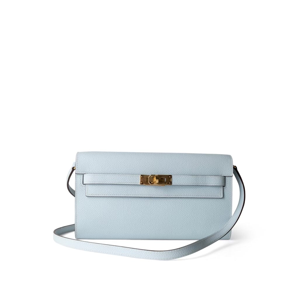 Hermes Handbag Blue Kelly Wallet To Go Bleu Brume Gold Plated Z Stamp - Redeluxe
