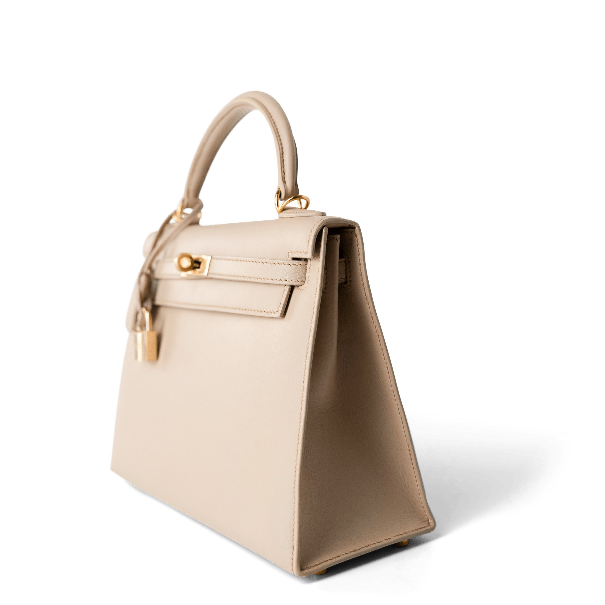 Hermes Handbag Kelly / Beige Kelly 25 Beige Box Calfskin Leather Gold Plated Hardware E Square Stamp - Redeluxe