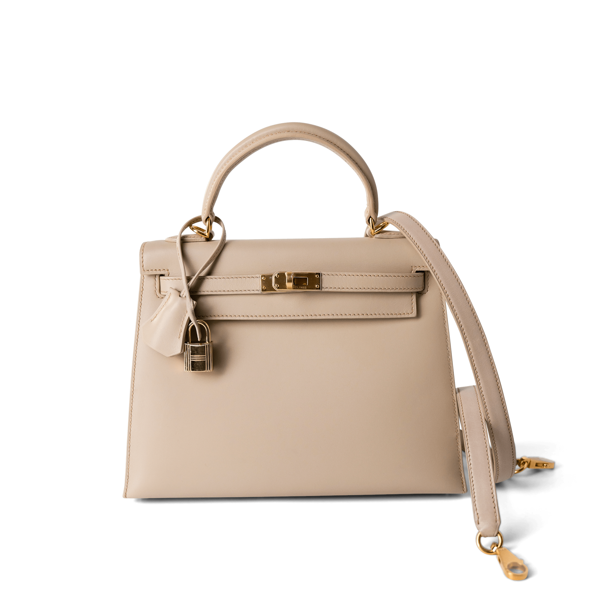 Hermes Handbag Kelly / Beige Kelly 25 Beige Box Calfskin Leather Gold Plated Hardware E Square Stamp - Redeluxe