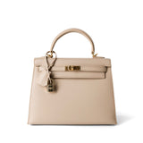 Hermes Handbag Kelly / Beige Kelly 25 Beige Box Calfskin Leather Gold Plated Hardware E Square Stamp - Redeluxe