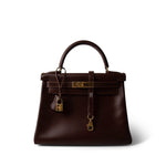 Hermes Handbag Maroon Kelly 28 Maroon Box Calfskin Gold Plated B Square Stamp - Redeluxe