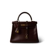Hermes Handbag Maroon Kelly 28 Maroon Box Calfskin Gold Plated B Square Stamp - Redeluxe
