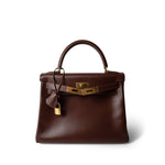 Hermes Handbag Maroon Kelly 28 Maroon Box Calfskin Gold Plated B Square Stamp - Redeluxe