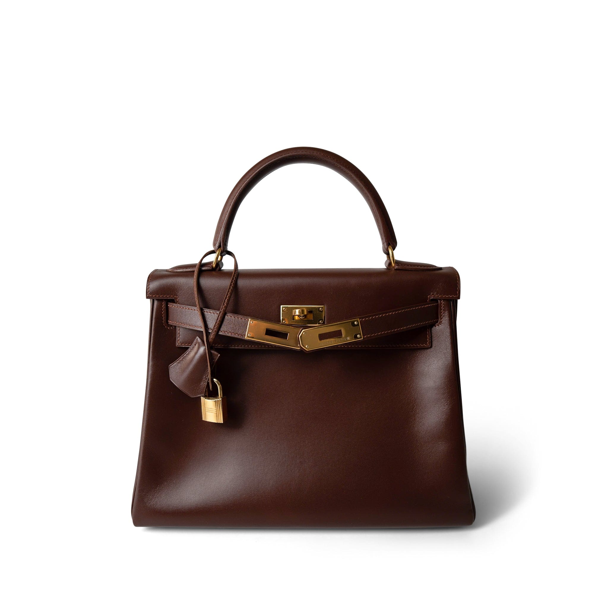 Hermes Handbag Maroon Kelly 28 Maroon Box Calfskin Gold Plated B Square Stamp - Redeluxe