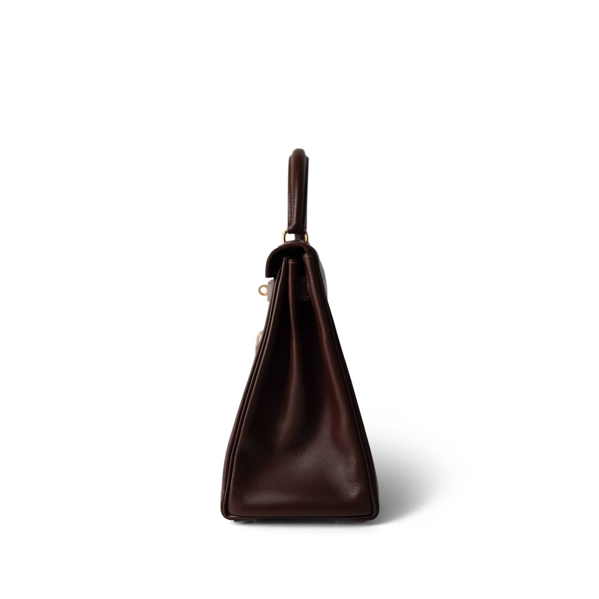 Hermes Handbag Maroon Kelly 28 Maroon Box Calfskin Gold Plated B Square Stamp - Redeluxe