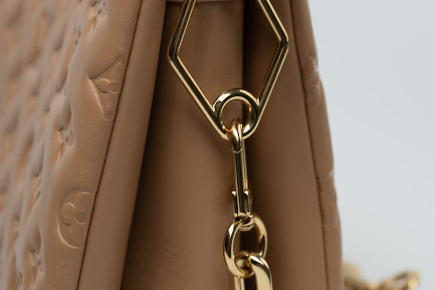 Louis Vuitton Handbag Brown Louis Vuitton Monogram Coussin PM Camel Lambskin Embossed - Redeluxe