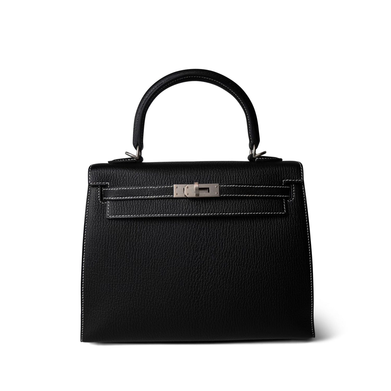 Kelly 25 Sellier Black Chèvre Palladium Plated B Stamp (HSS