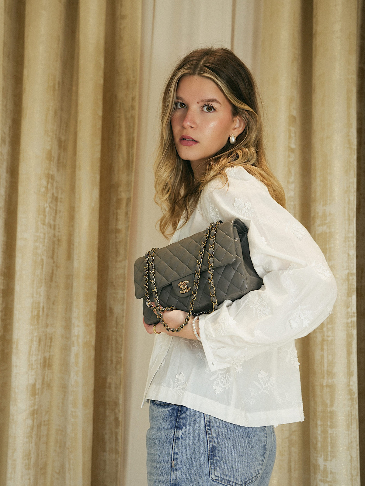 Grey Lambskin Quilted Classic Flap Medium Light Gold Hardware