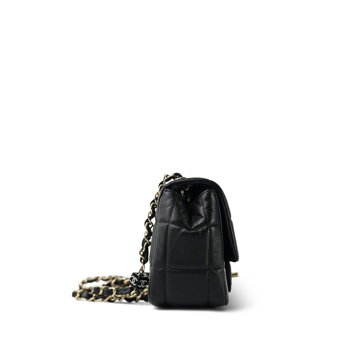Black Lambskin Quilted Monacoco Mini Square Flap Light Gold Hardware