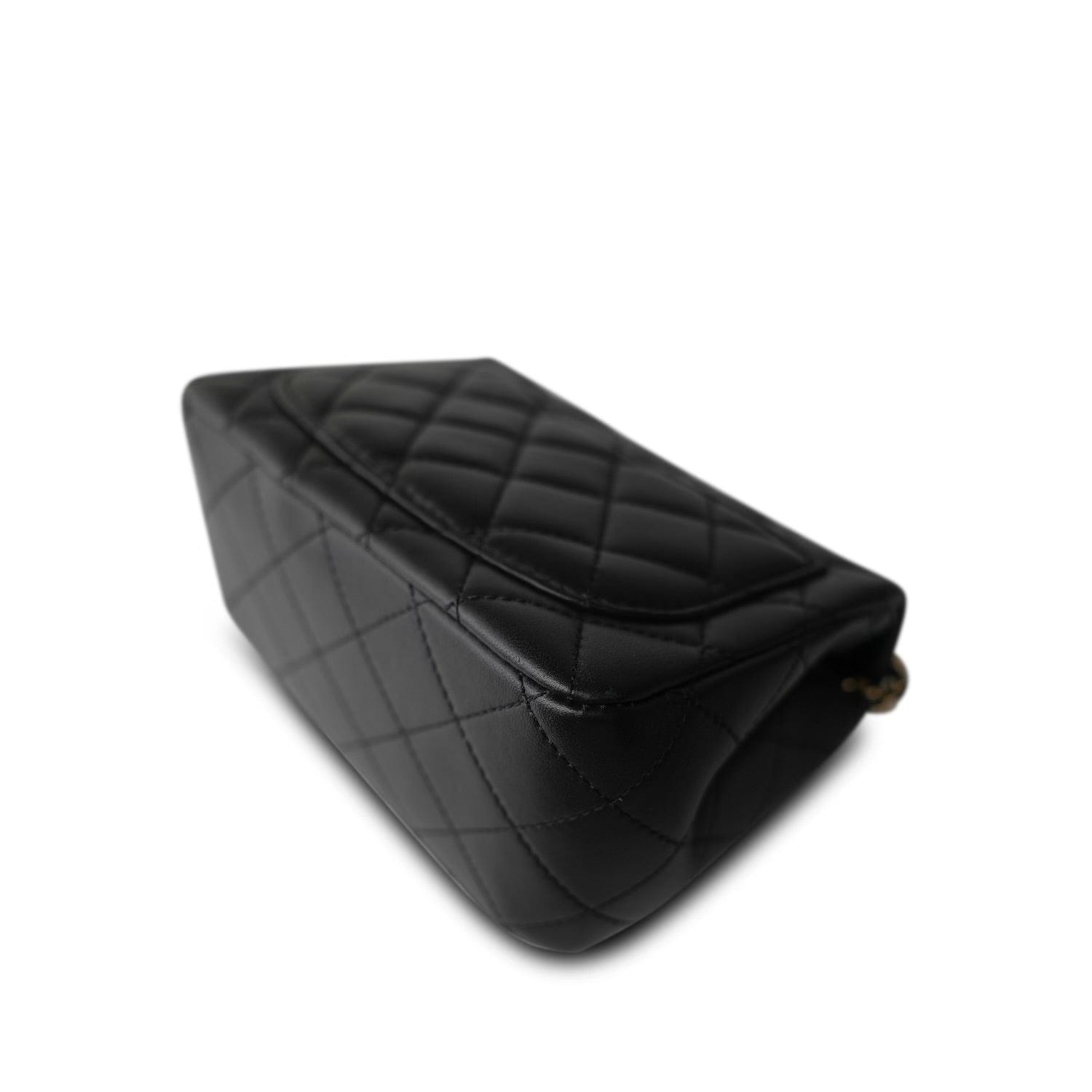 Black Lambskin Quilted Pearl Crush Mini Square Flap Light Gold