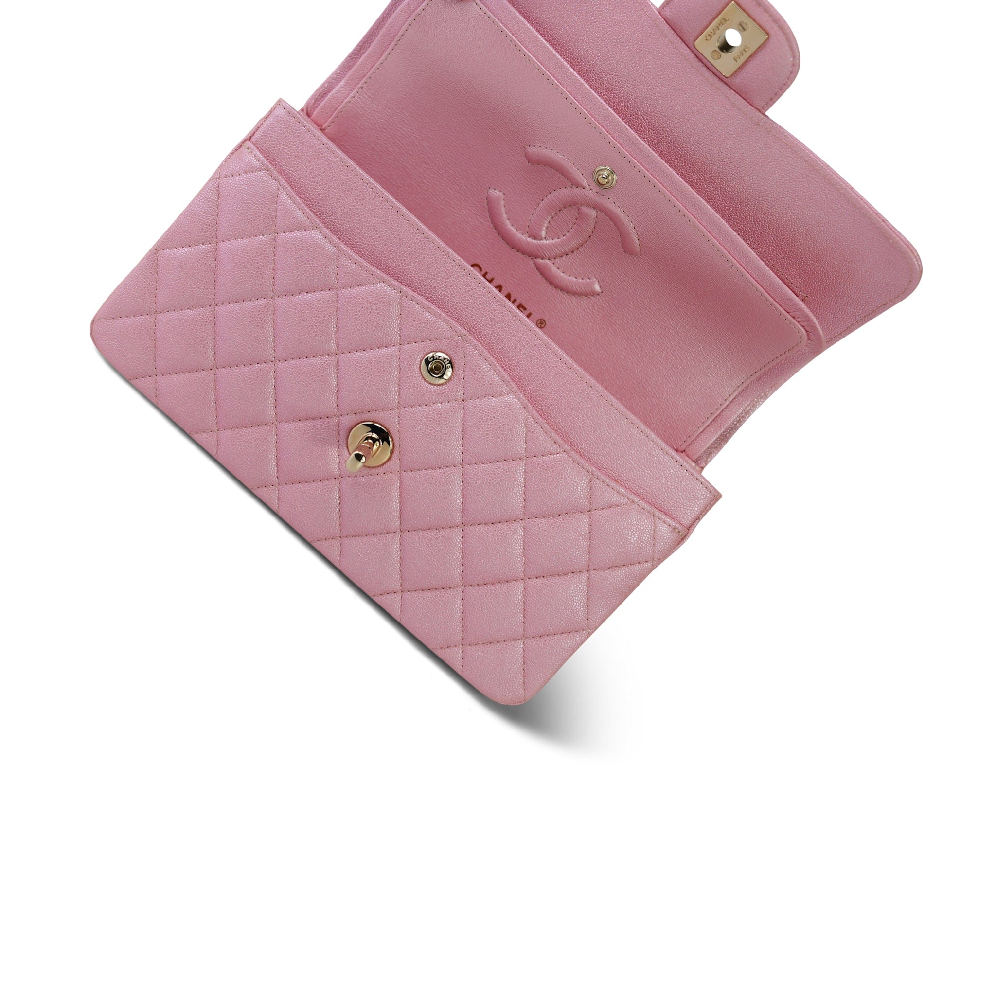 19S Iridescent Pink Caviar Quilted Small Classic Flap with LGHW