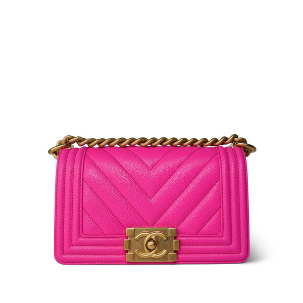 24C Pink Caviar Chevron Quilted Boy Bag Small Aged Gold