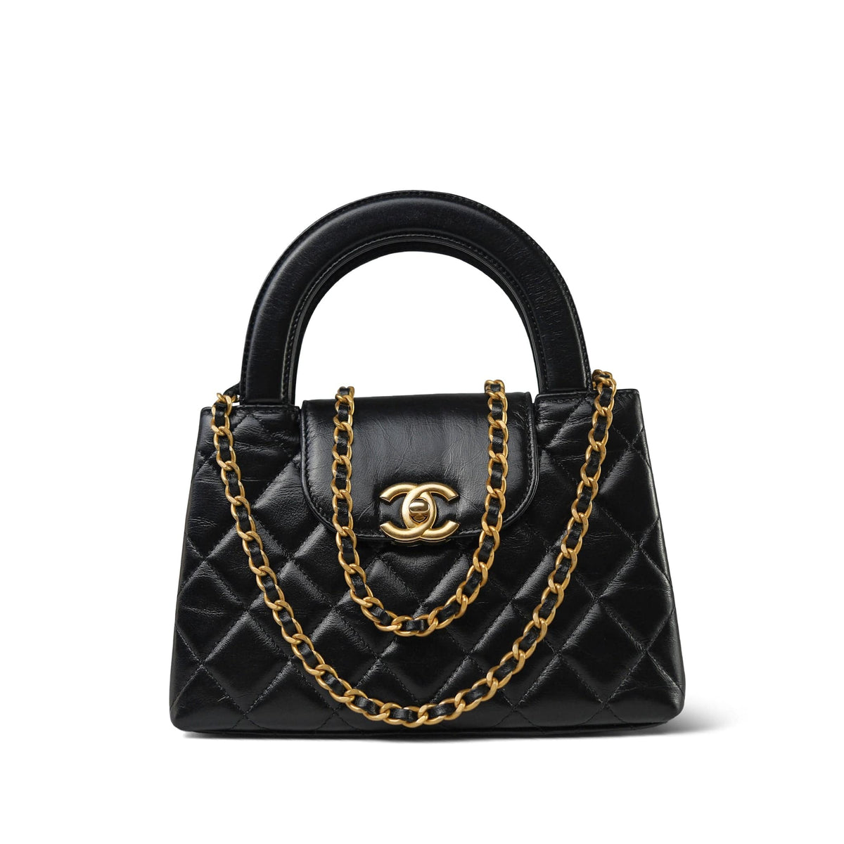 23K Black Shiny Aged Calfskin Quilted Mini Kelly Shopper Aged Gold Hardware