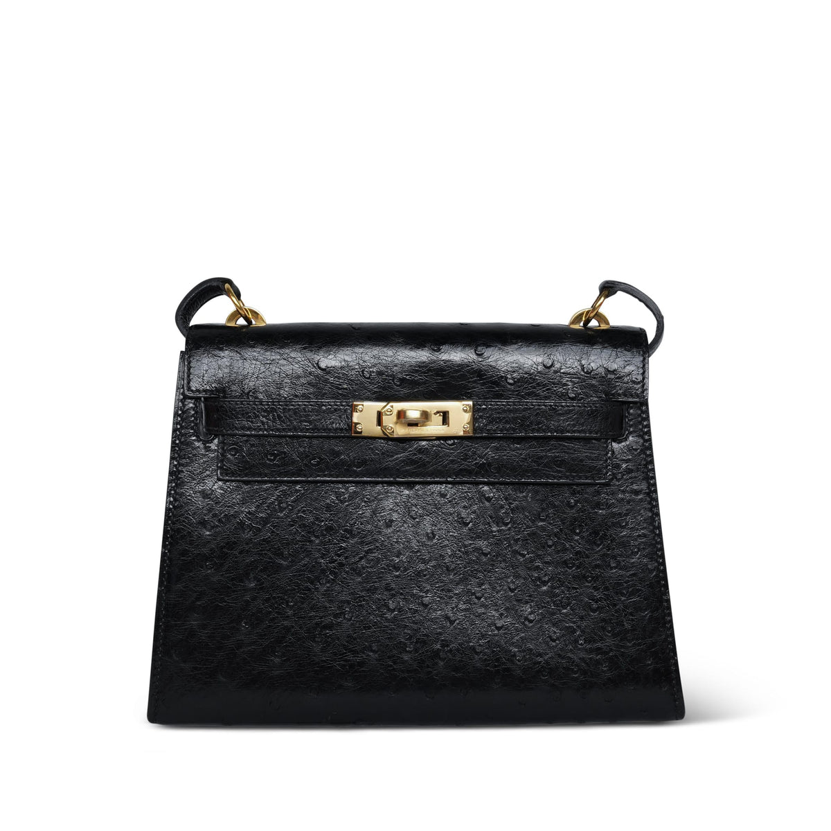 Mini Kelly 20 Black Ostrich Gold Plated P Circle Stamp