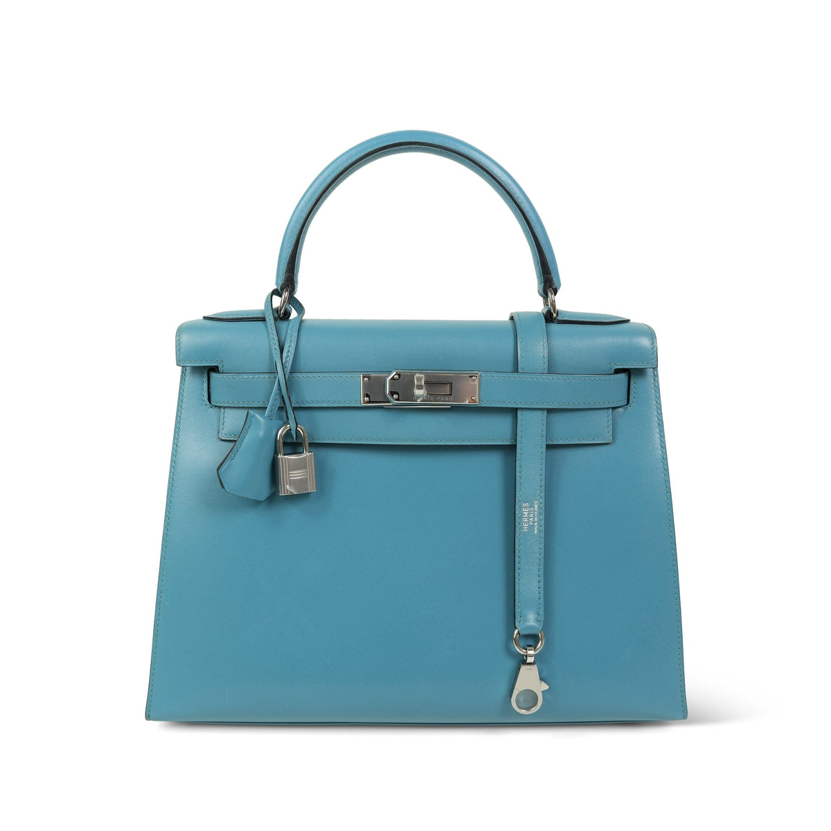 Kelly Sellier 28 Bleu Jean Box Calfskin Palladium Plated C Square Stamp