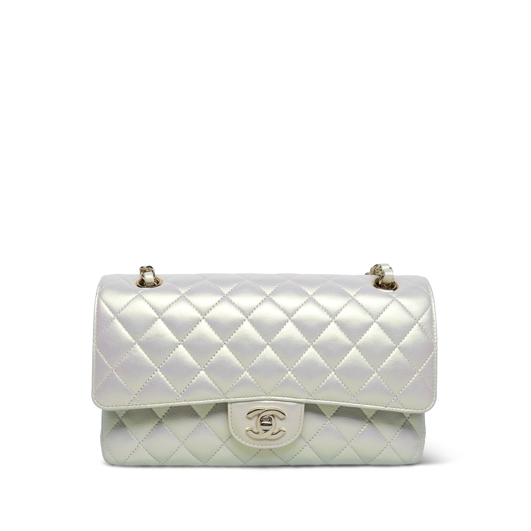 Product image 3 of 16: 20B White Iridescent Calfskin Quilted Classic Flap Medium Light Gold Hardware