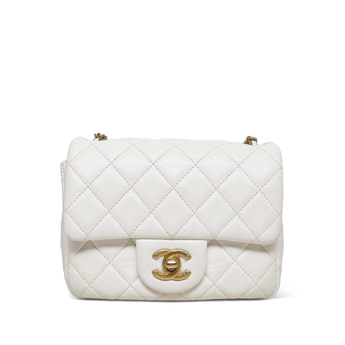 White Lambskin Quilted Pearl Crush Mini Square Flap AGHW