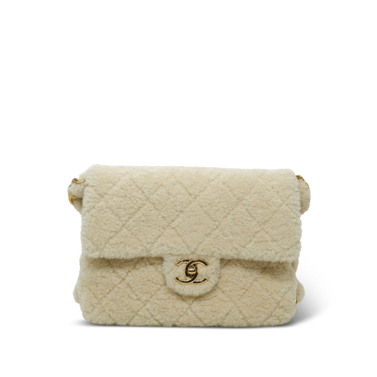 24K Ivory Shearling/Lambskin Quilted Single Flap Bag Brushed Gold Hardware