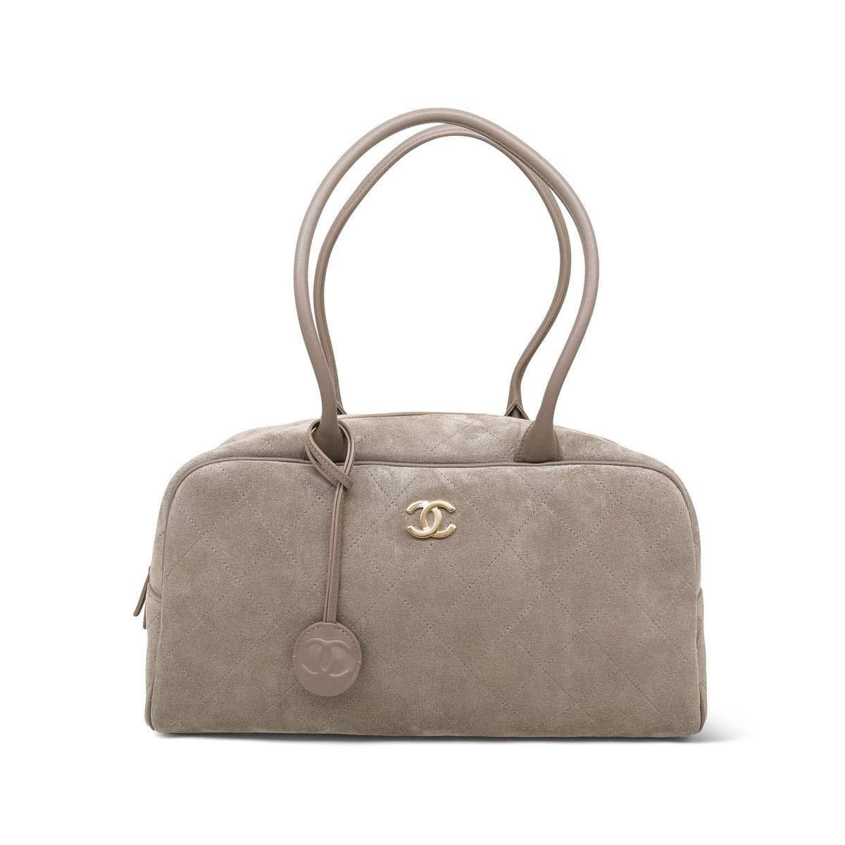 Grey Suede Quilted Bowling Bag Large Aged Gold Hardware