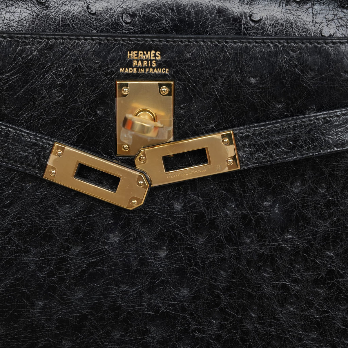 Mini Kelly 20 Black Ostrich Gold Plated P Circle Stamp
