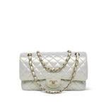 Product image 1 of 16: 20B White Iridescent Calfskin Quilted Classic Flap Medium Light Gold Hardware