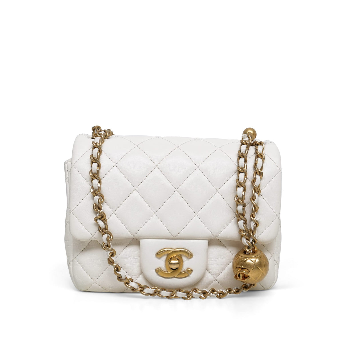 White Lambskin Quilted Pearl Crush Mini Square Flap AGHW