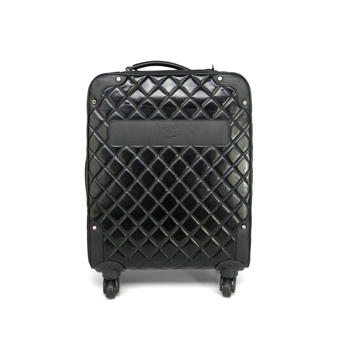 Chanel Black Vinyl Calfskin Quilted Trolley Rolling Luggage Silver Hardware