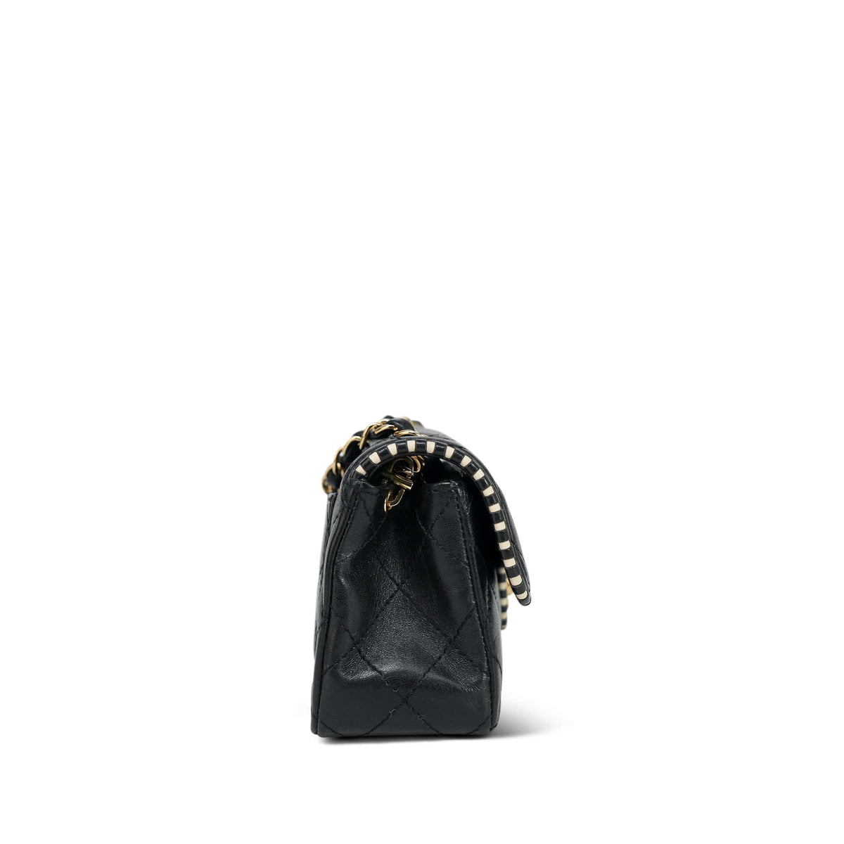 Black Lambskin Quilted White Perforated Edge Mini Rectangular Flap LGHW