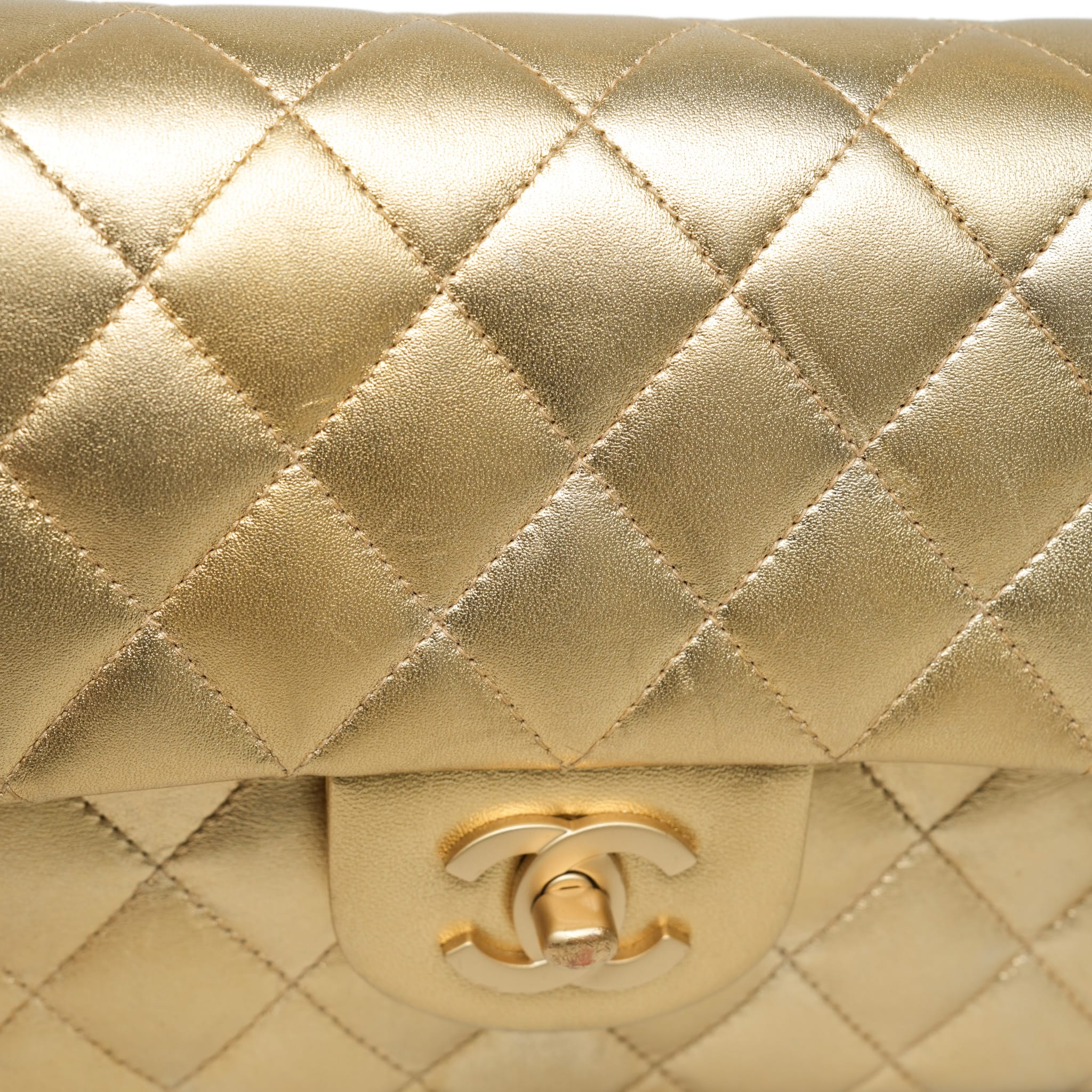 Product image 32 of 32: Gold Metallic Lambskin Quilted Classic Flap Small Aged Gold Hardware