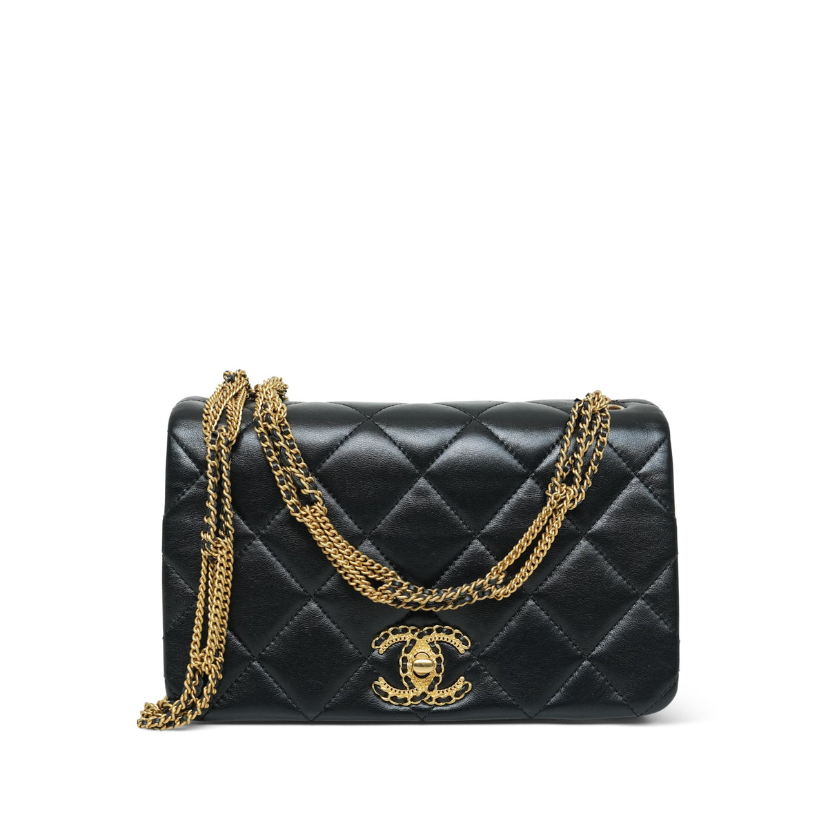 Black Lambskin Quilted On And On Chain Full Flap Bag Small AGHW