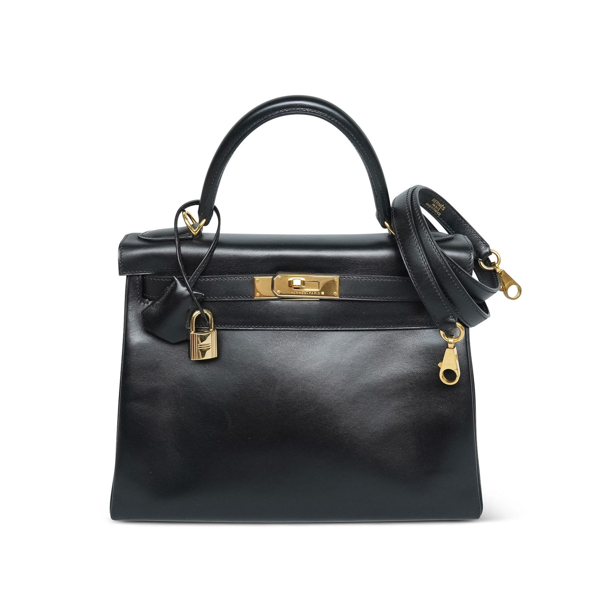 Kelly Retourne 28 Black Box Calfskin Gold Plated D Square Stamp