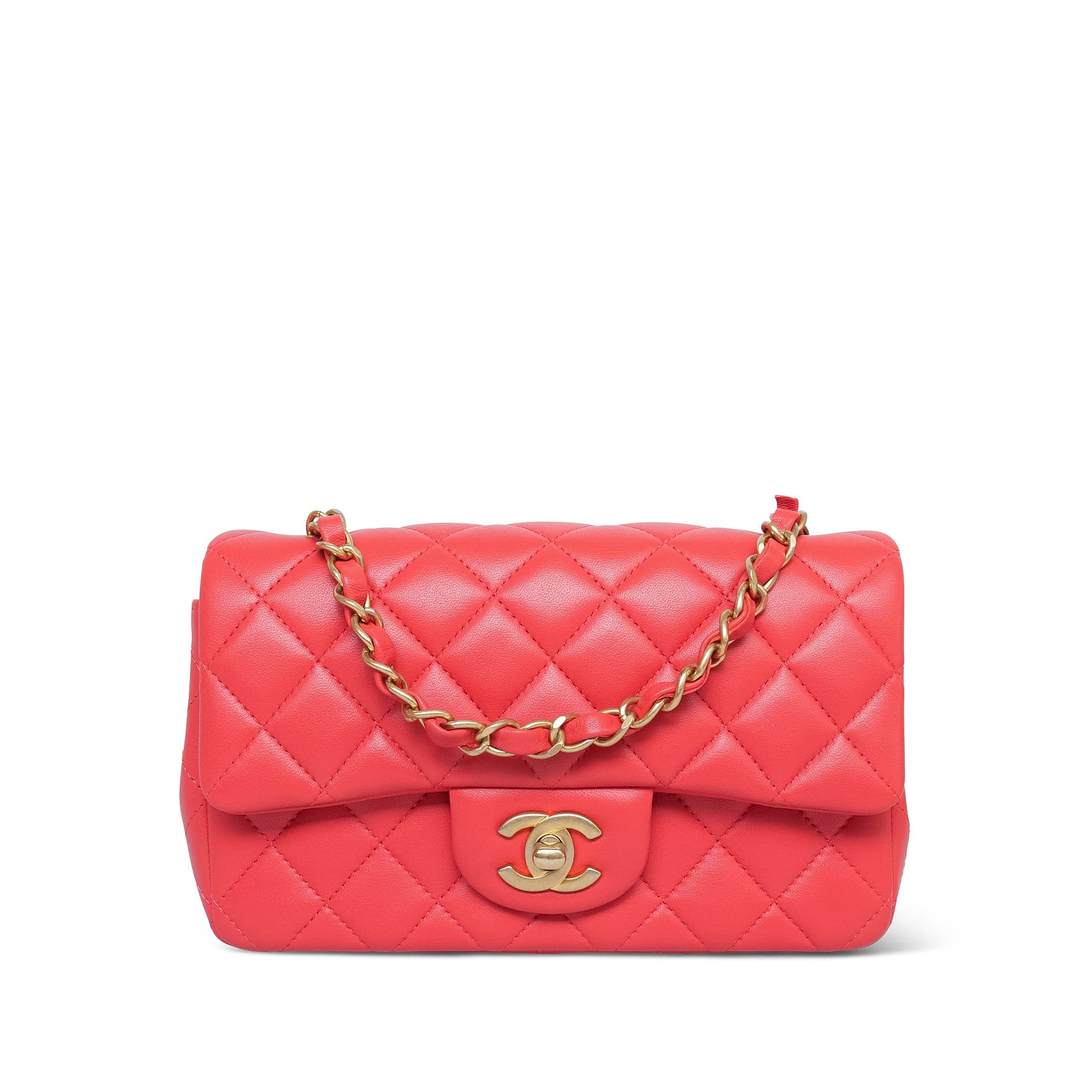 Light Red/Coral Lambskin Quilted Mini Rectangular Flap Aged Gold Hardware