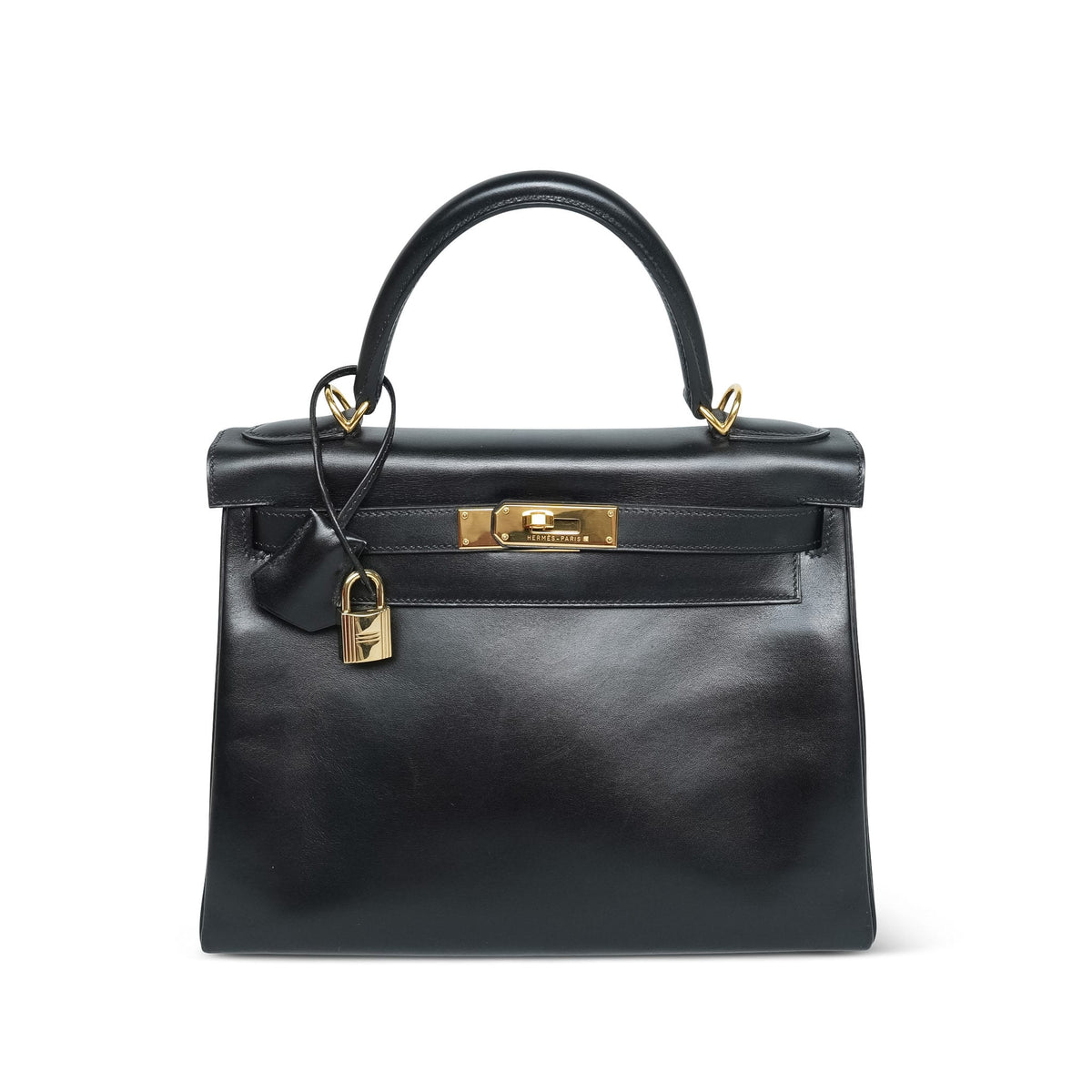 Kelly Retourne 28 Black Box Calfskin Gold Plated D Square Stamp