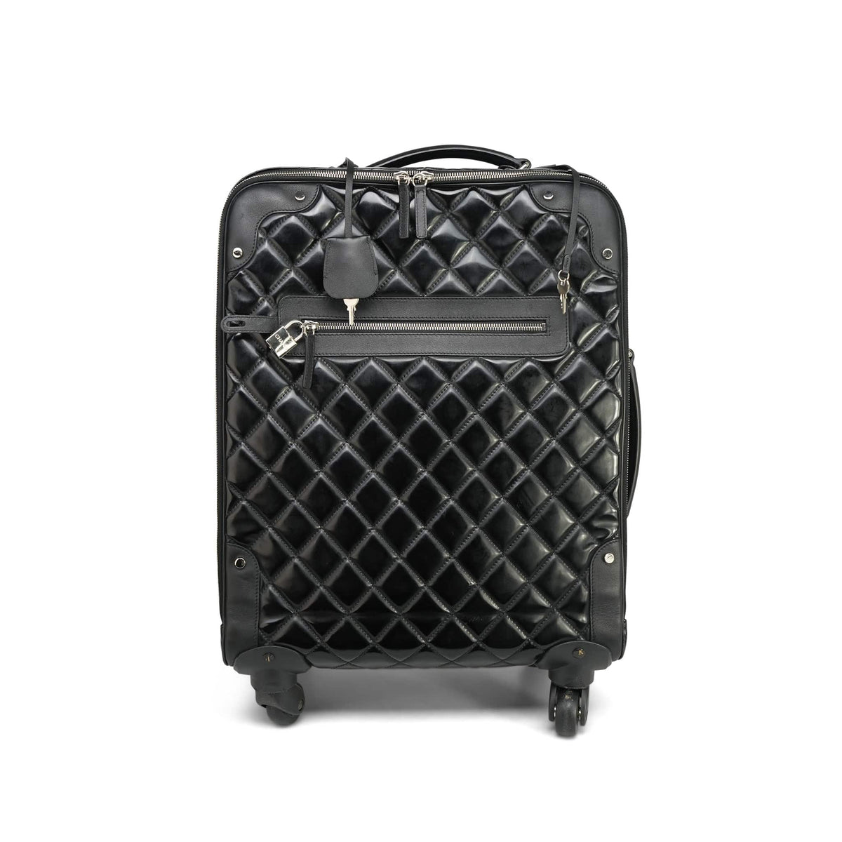 Chanel Black Vinyl Calfskin Quilted Trolley Rolling Luggage Silver Hardware