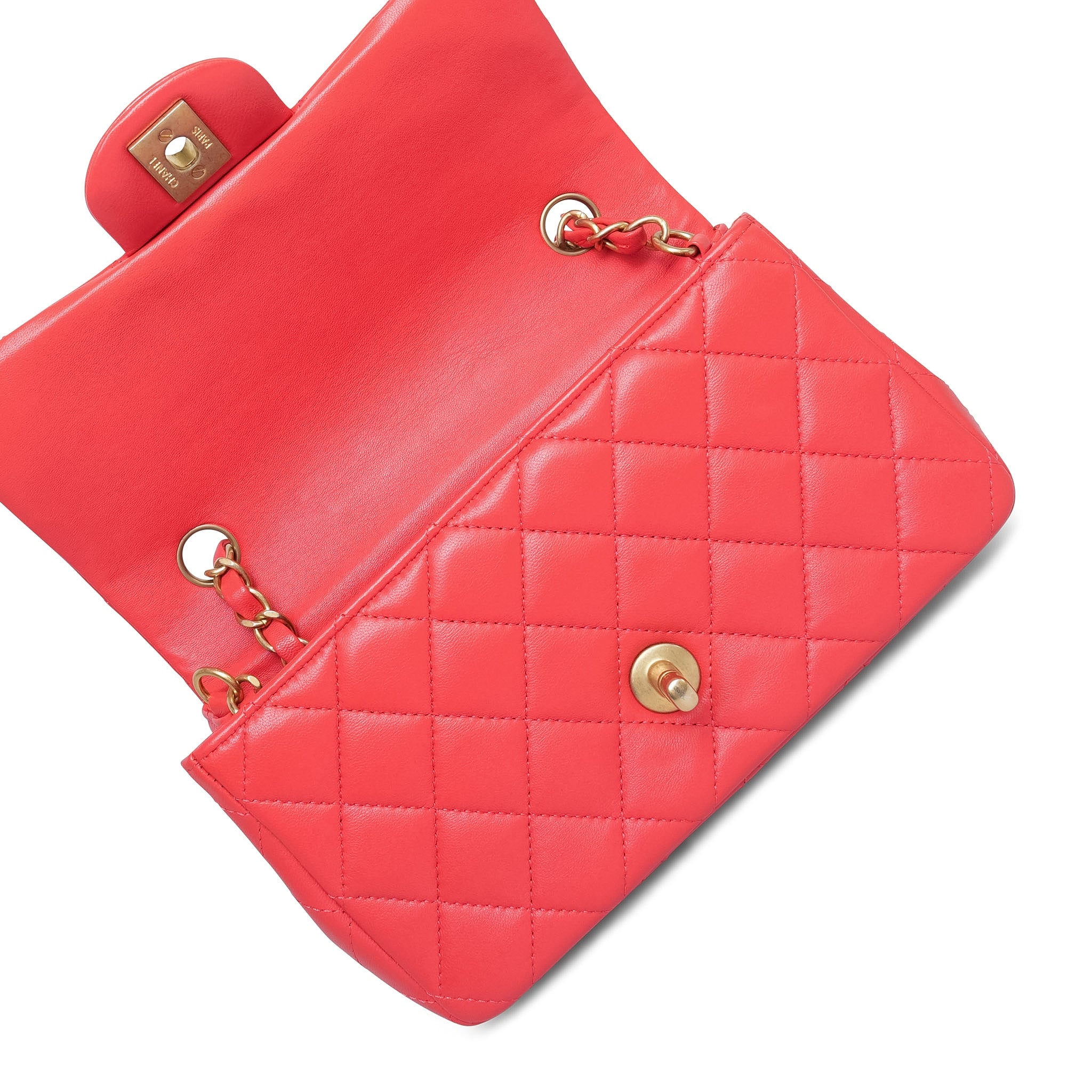 Light Red/Coral Lambskin Quilted Mini Rectangular Flap Aged Gold Hardware